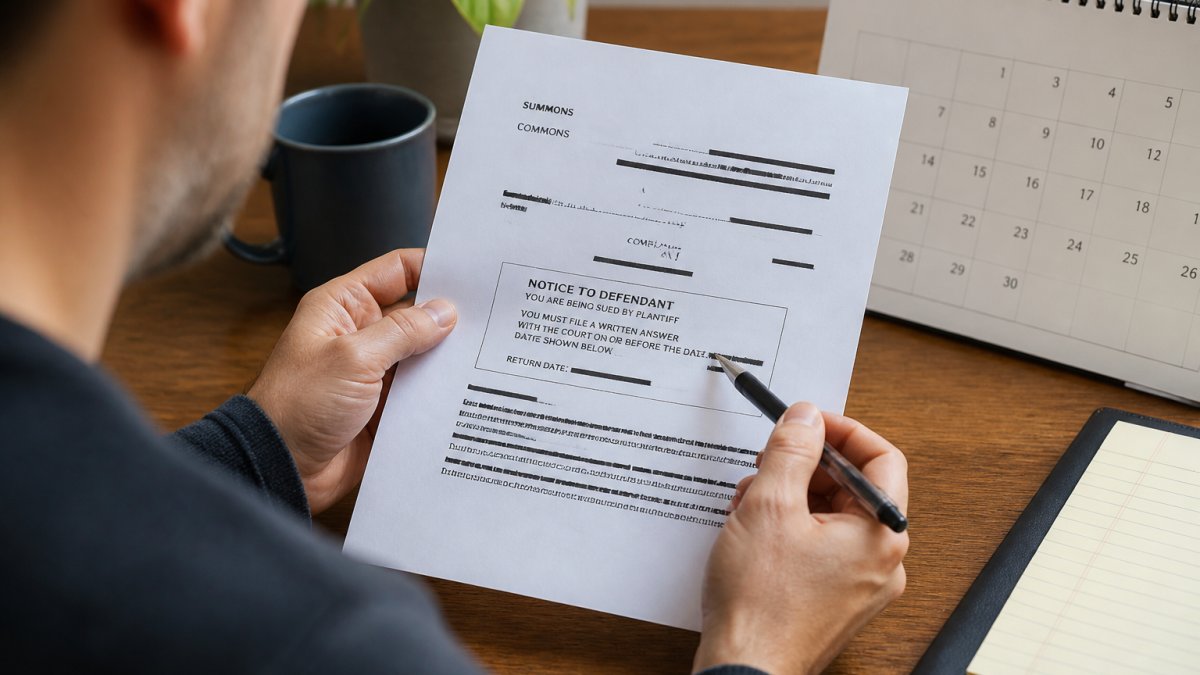 Person reviewing a debt collection summons document on a desk with a calendar and pen nearby, examining the return date section