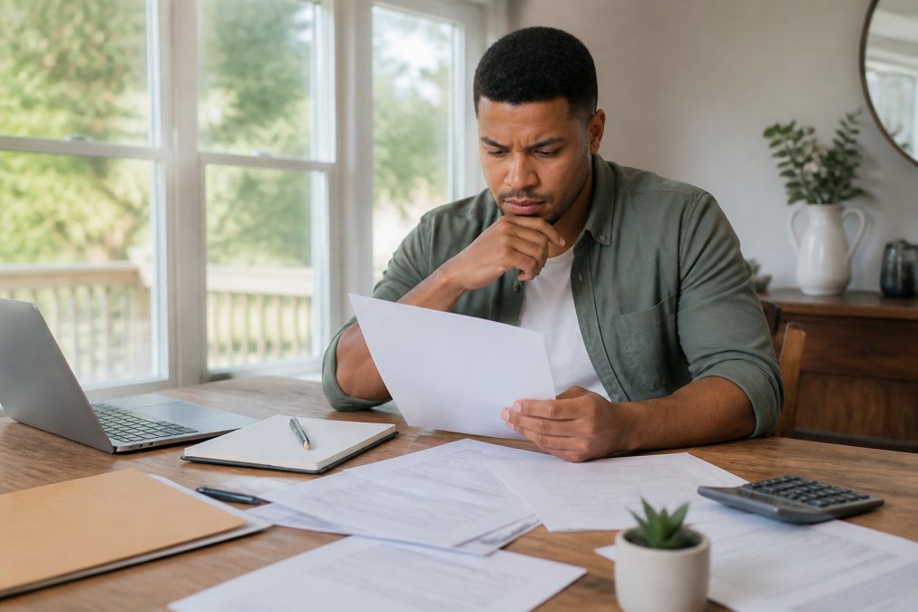 Person sitting at a home desk with important documents and paperwork spread out, reviewing legal papers with a focused expression, natural lighting from a window