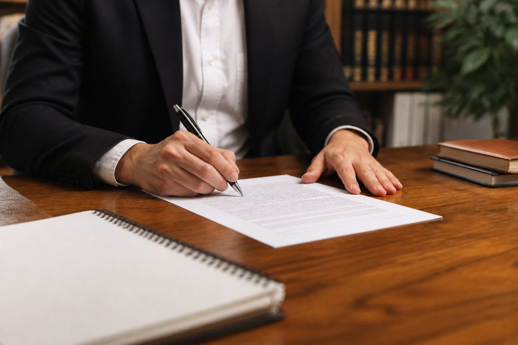 Close-up of hands writing on a formal letter or document at a desk, with a pen and notebook visible, professional office setting