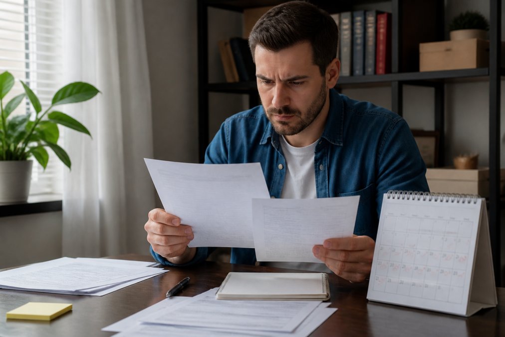 Person sitting at a desk in a home office, carefully reviewing legal documents and a debt collection summons with a calendar and notepad visible, showing the urgency of responding to a lawsuit