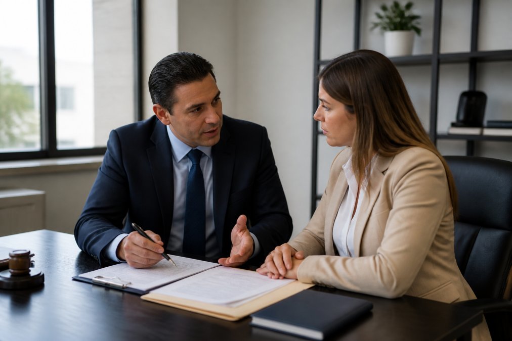 Professional in business attire meeting with a legal advisor in a modern office setting, discussing debt collection options and settlement strategies with documents visible on the desk