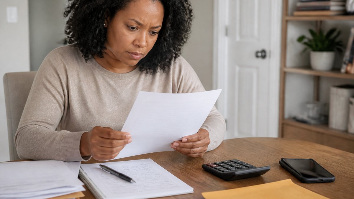 Person reviewing legal documents at a desk with a calculator, notepad, and phone showing calendar reminders for court deadlines