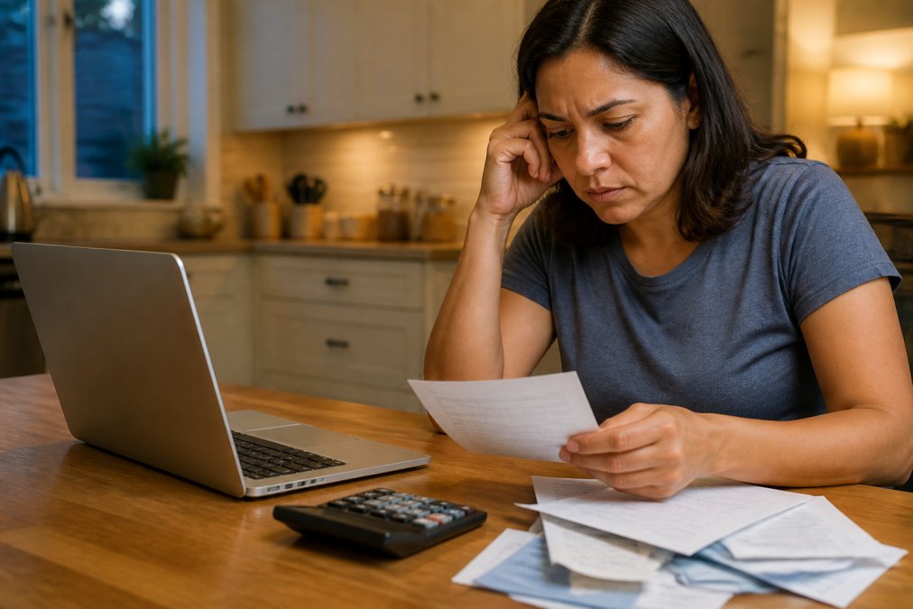 A person sitting at a kitchen table with a laptop, calculator, and a stack of bills, comparing debt relief options on screen under warm evening light