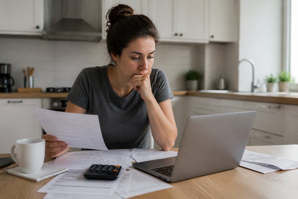 Infographic comparing debt settlement vs bankruptcy processes with financial documents, a laptop, and a calculator.