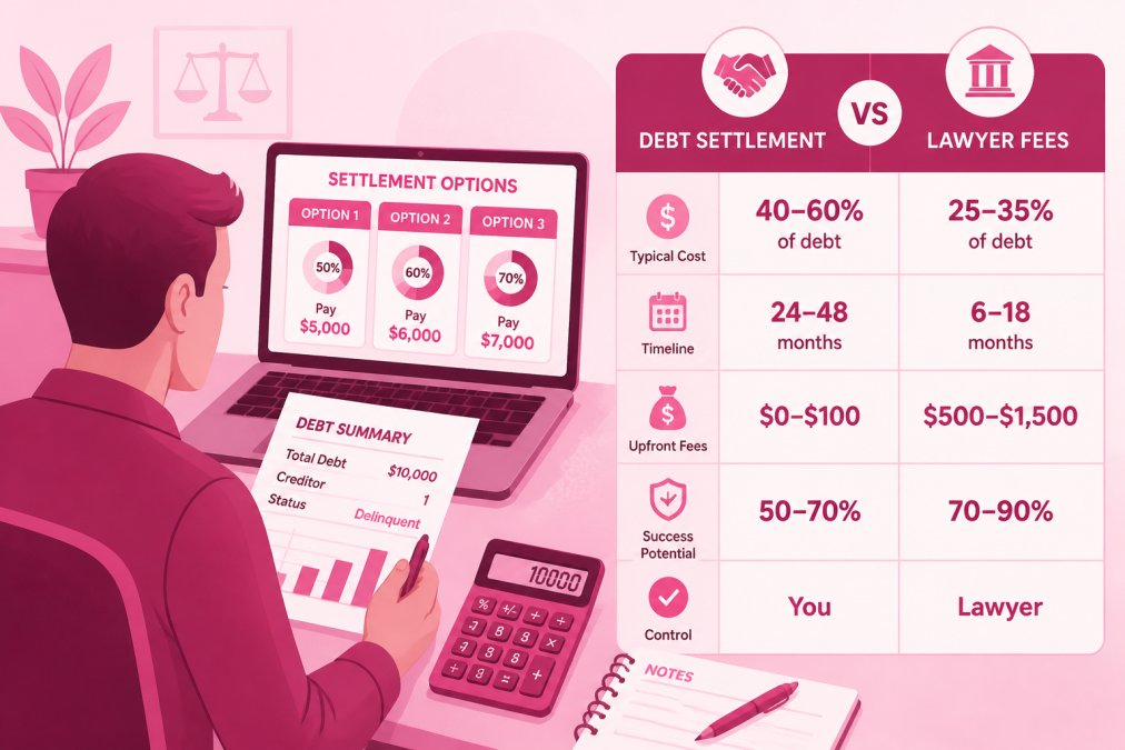 Visual comparison chart showing debt settlement vs lawyer fees
