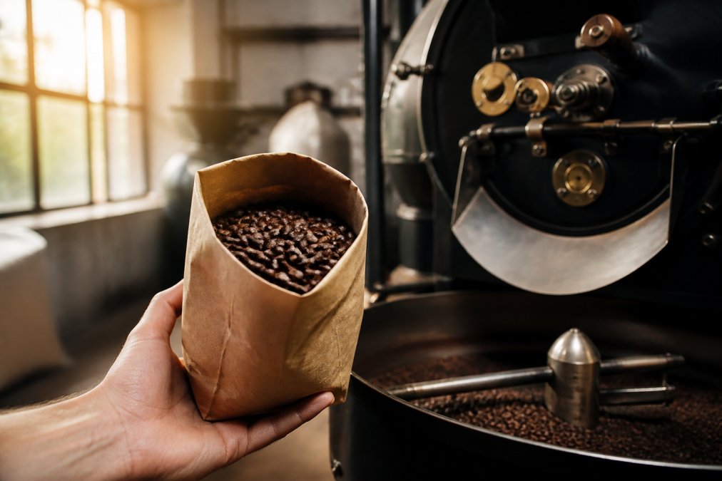 A hand holding an open brown paper bag of whole bean coffee next to a large commercial coffee roaster, warm morning light streaming through a roastery window, beans visibly glossy with fresh oils
