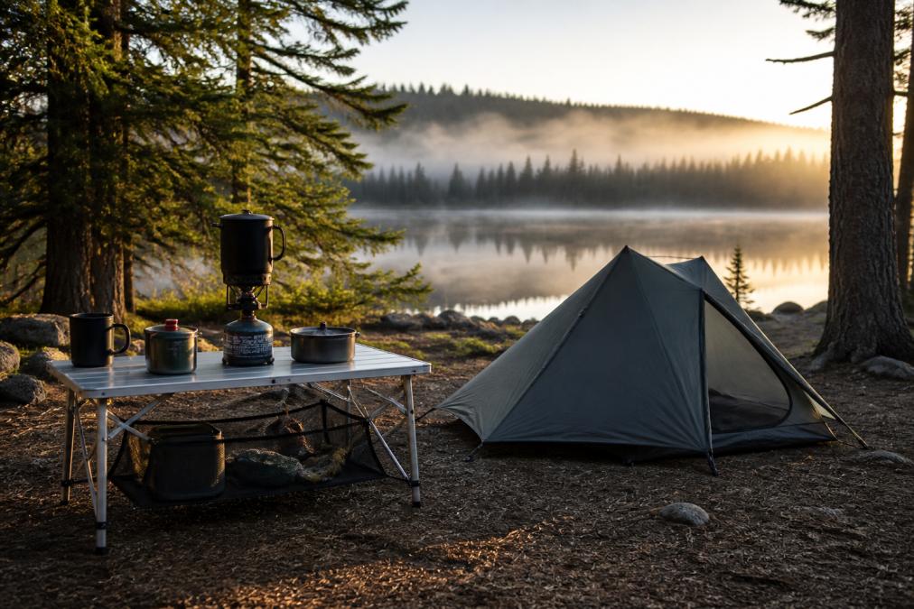 A campsite scene showing a lightweight trekking pole tent set up near a lake at dawn, with a portable camp kitchen and cooking system arranged on a nearby table, surrounded by pine trees and mist