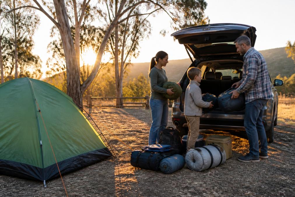 A family packing a car boot with camping gear including a green dome tent and sleeping bags at a campsite in the Australian bush during golden hour