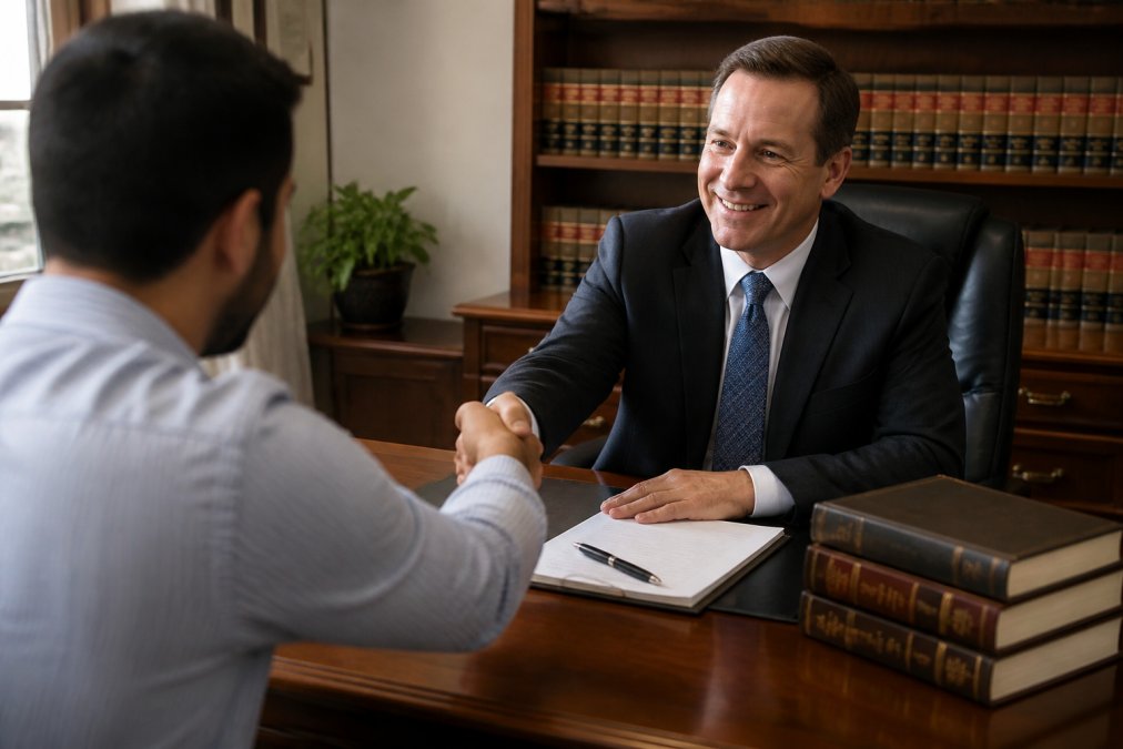 A professional attorney in a suit shaking hands with a client across a wooden desk in a law office, with legal books and a laptop visible