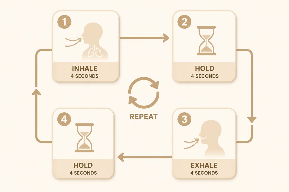 Decision Paralysis After Infidelity: A Structured Framework 2 Flowchart showing the four-step box breathing cycle with timing: Inhale 4 seconds → Hold 4 seconds → Exhale 4 seconds → Hold 4 seconds, with arrows indicating repetition