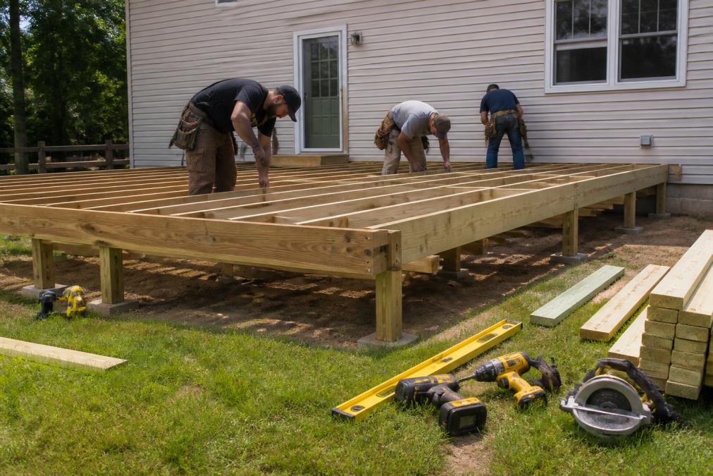 A crew of carpenters in work clothes building a wooden deck frame against the back of a suburban house, with lumber, levels, and cordless tools visible on the ground nearby