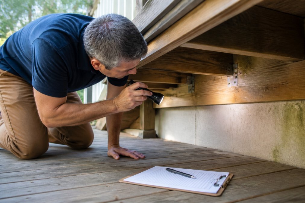 Infographic checklist for a deck maintenance inspection of ledger boards and joists