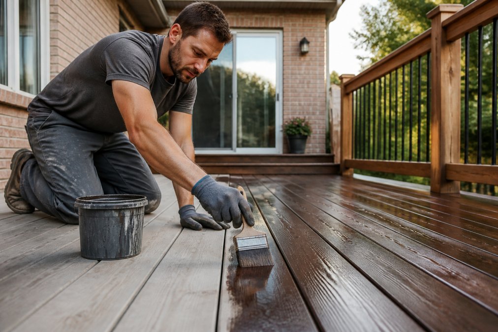 Professional painter applying water-based stain to residential deck boards with proper technique, wearing protective gloves and using quality brush, natural afternoon light casting shadows across the deck