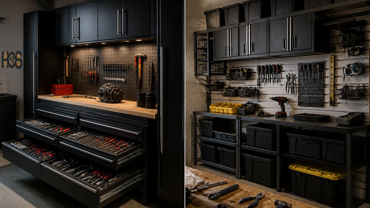 Professional garage corner with heavy-duty steel cabinets featuring open drawers displaying organized hand tools, pegboards with hanging tools, and a workbench surface with projects in progress