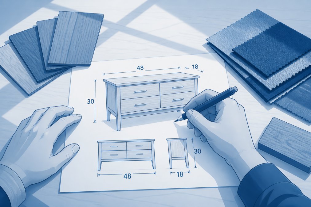 Close-up of hands sketching furniture design on paper with wood samples and fabric swatches arranged nearby on a work surface, natural afternoon light streaming across the table