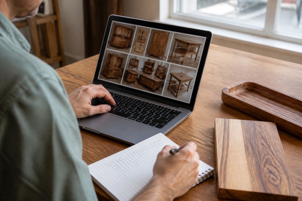 Person reviewing a woodworker's portfolio on a laptop, with handwritten notes and a wooden sample piece visible on the desk, soft natural lighting from a nearby window