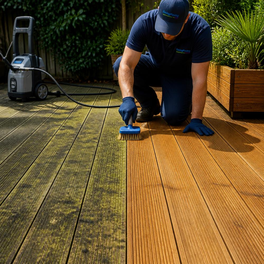 A professional cleaner in a navy uniform kneeling beside a timber deck, one half still covered in green algae and black spots, the other half freshly cleaned and restored, bright daylight