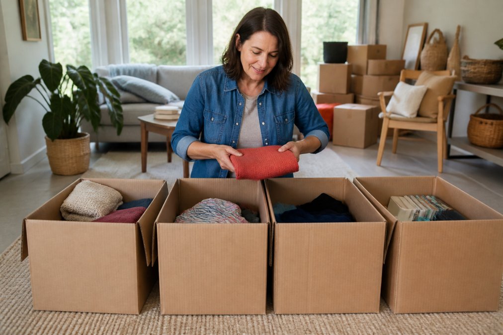 Homeowner sorting items into four clearly labelled boxes in a bright living room, with furniture and moving boxes visible in the background, natural daylight streaming through windows
