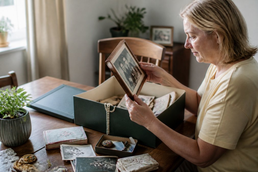Person carefully packing a memory box with photographs, letters, and keepsakes, holding a framed photograph thoughtfully, surrounded by personal mementos on a wooden table with soft natural lighting
