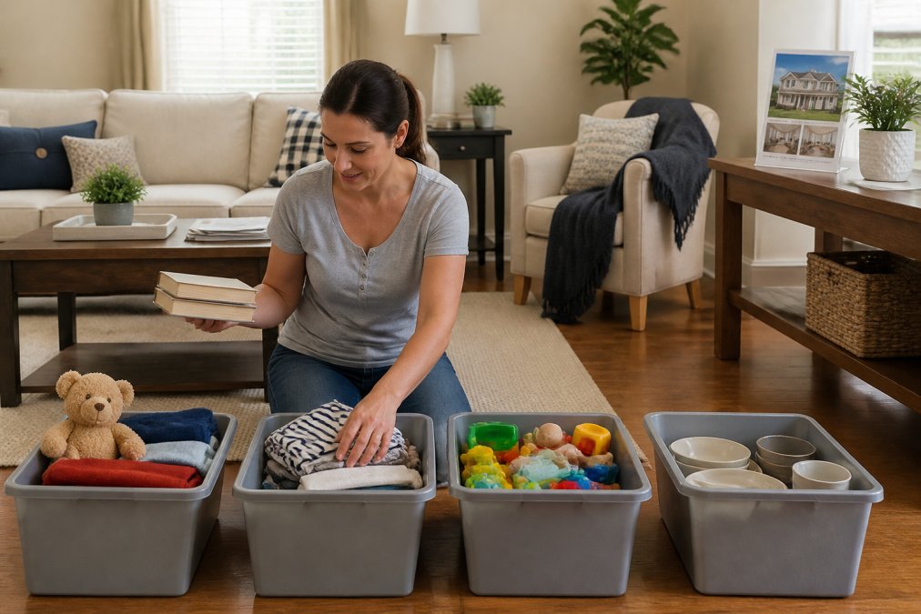 Four-step process to declutter for a quick sale using labeled bins to organize household items by category.