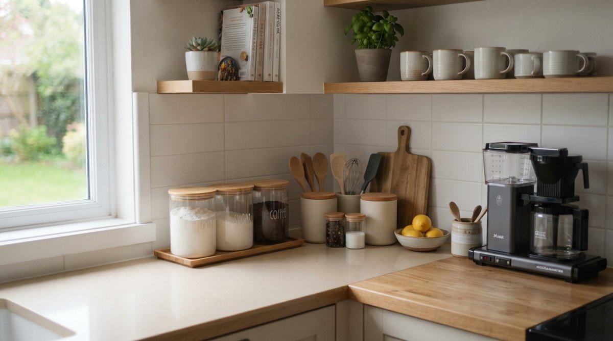 Professional illustration showing containers and well-organized and kitchen concepts for declutter kitchen counters
