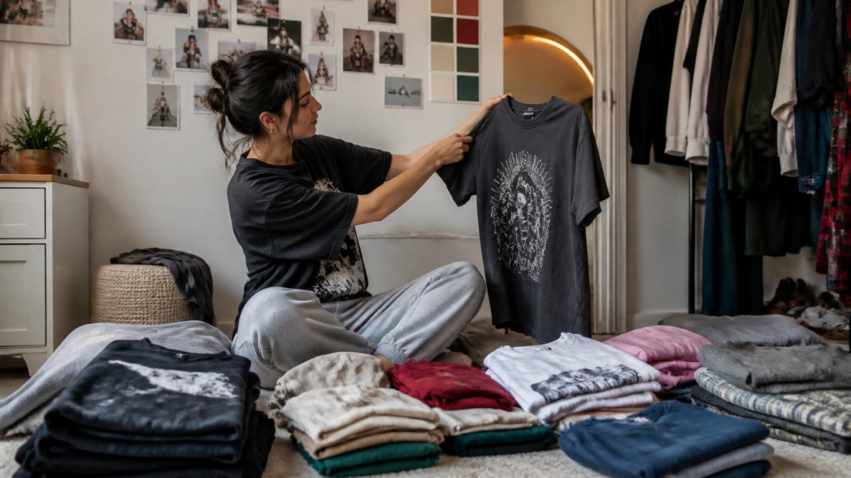 Person sitting on bedroom floor surrounded by neatly organized clothing piles in different colors, holding up a graphic tee to compare with their color palette mood board on the wall