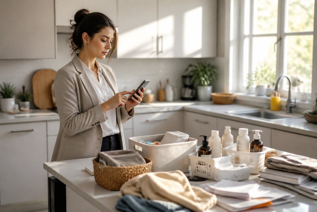 Professional in business casual attire setting a timer on their smartphone while looking at a cluttered kitchen counter with organizational tools visible nearby, natural morning light streaming through a window