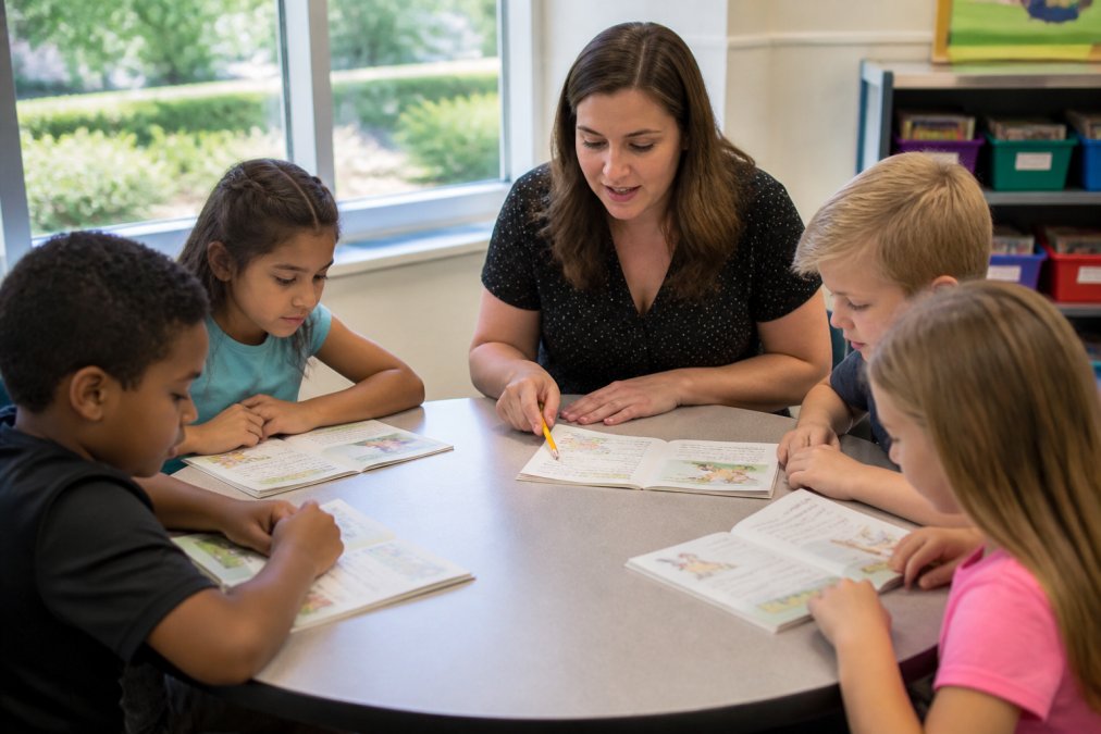 A teacher seated at a round table with four elementary students, each holding an open decodable book, the teacher pointing to text with a pencil while students follow along, bright classroom window lighting the scene