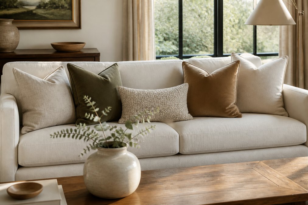 Diagram illustrating a balanced 2-2-1 layout for styling accent pillows on a sofa with mixed fabric textures.