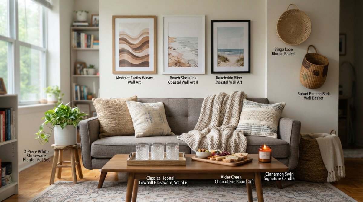 Modern rental apartment living room featuring a command strip gallery wall with black framed art prints, a floating shelf displaying potted plants and small decorative objects, and a cozy seating area with textured throw pillows and a neutral area rug