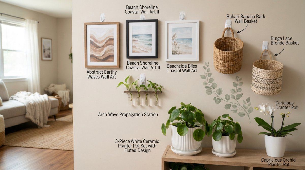 Bright rental apartment living room featuring a gallery wall with command strips, vinyl wall decals, and removable wall art creating an accent wall effect without damage