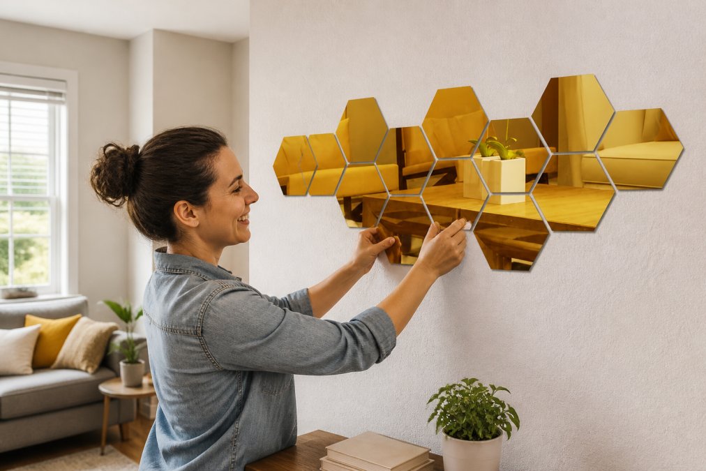 Close-up of hands carefully applying adhesive hooks and command strips to a white rental apartment wall, demonstrating proper placement technique with natural daylight streaming through a window