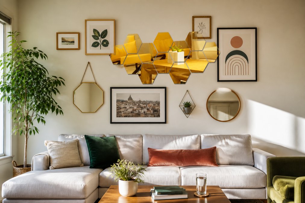 Modern apartment wall displaying a carefully arranged gallery wall of framed art and mirrors hung using damage-free methods, showing the finished aesthetic with warm natural light highlighting the arrangement