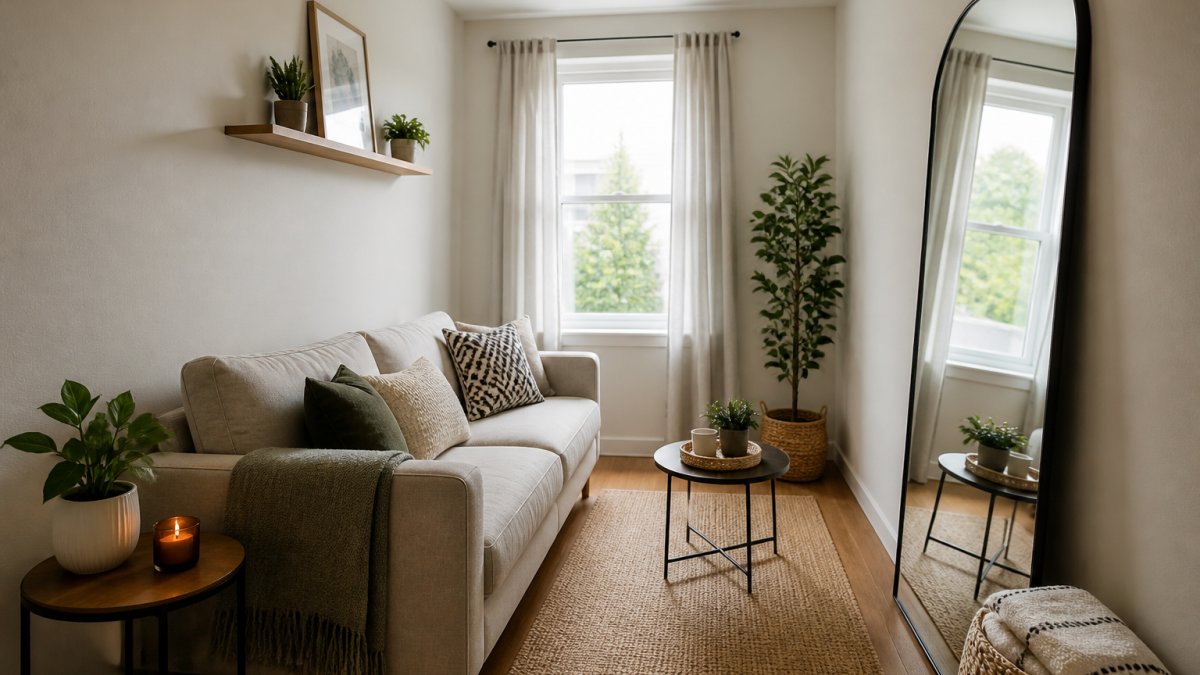 Diagram showing how to use mirrors and furniture placement for decorating small apartments on a budget.
