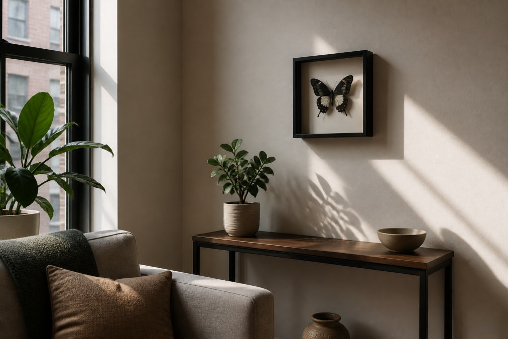 Diagram showing how to use a single framed specimen for decorating small apartments with art to add visual depth.