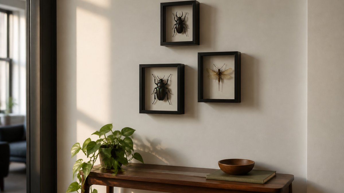 Diagram illustrating a three-frame layout for hanging insect specimens above a console table in small rooms.