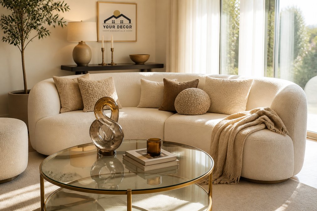 A bright, airy living room with a curved boucle sofa, layered textured throw pillows, a reflective glass coffee table styled with a small abstract resin sculpture, and warm afternoon light through sheer curtains