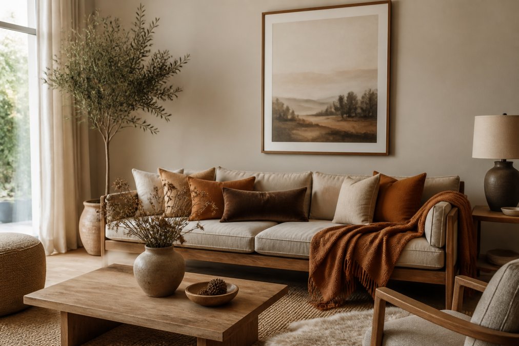 A beautifully styled living room with a cohesive warm neutral color palette, layered linen and velvet textures, a large framed art piece centered on the wall, and amber accent tones in cushions and a cashmere throw draped over a natural oak sofa
