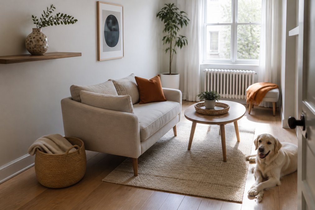 A bright, compact living room with a loveseat sofa positioned away from the wall, a small coffee table, and a clear traffic path leading to a sunlit window, styled in warm neutral tones with a single ceramic accent piece on a floating shelf