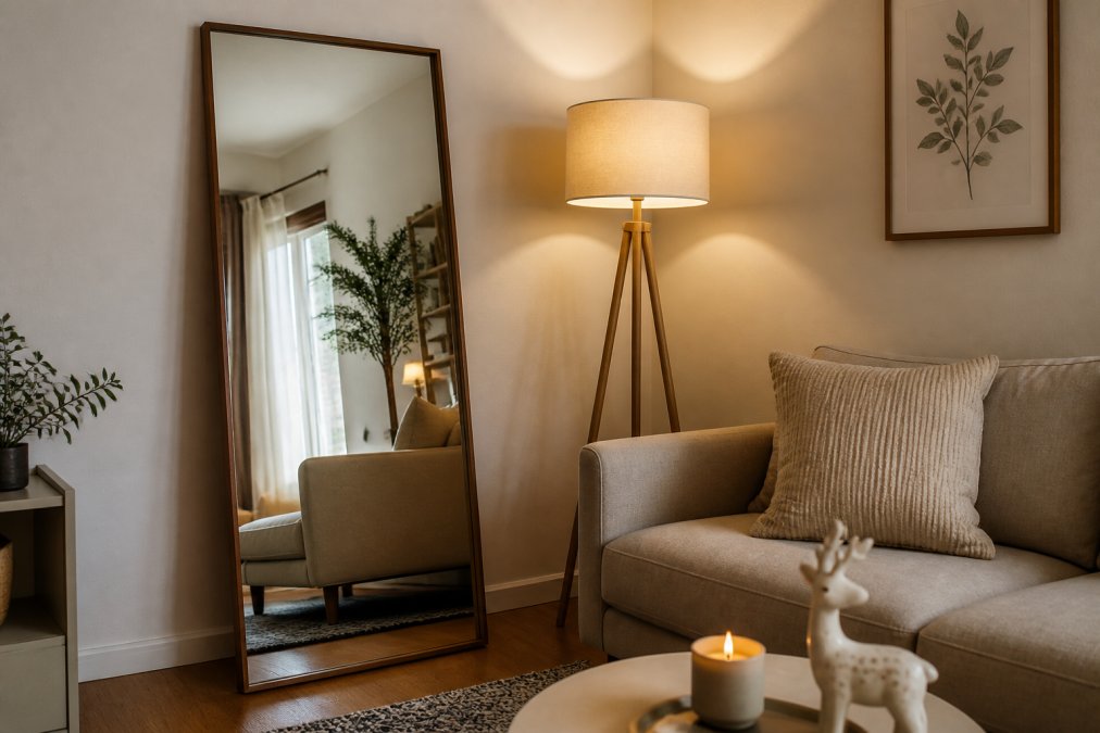 A small, stylishly decorated living room featuring a large leaning floor mirror reflecting natural light from a nearby window, with minimalist decor, warm ambient lighting from a floor lamp, and a neutral-toned sofa with a single textured throw pillow