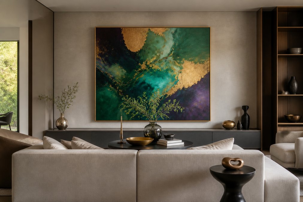 Sophisticated living room featuring a large abstract painting in jewel tones as the focal point, with a neutral cream sofa positioned to face the artwork, complemented by a sculptural side table and carefully curated accent pieces arranged to draw the eye toward the wall art