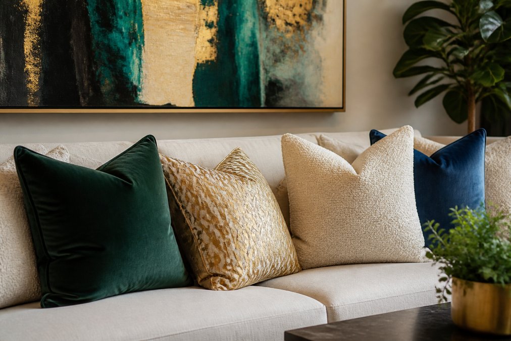Close-up of a curated sofa arrangement featuring multiple decorative accent pillows in coordinating jewel tones and textures, a velvet emerald pillow, a gold-patterned linen pillow, and a neutral cream boucle pillow, layered to create visual depth and draw the eye toward a statement painting visible above
