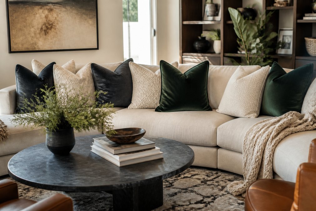 Modern living room with layered throw pillows in cream, charcoal, and emerald on a neutral sofa, with patterned rug and textured throw blanket creating visual depth and warmth