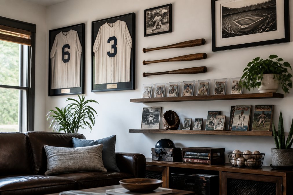 Modern living room interior featuring vintage sports equipment creatively displayed on white walls and wooden shelves, including framed jerseys, mounted baseball bats, vintage game programs, and collectible cards arranged alongside contemporary artwork and plants with warm natural lighting