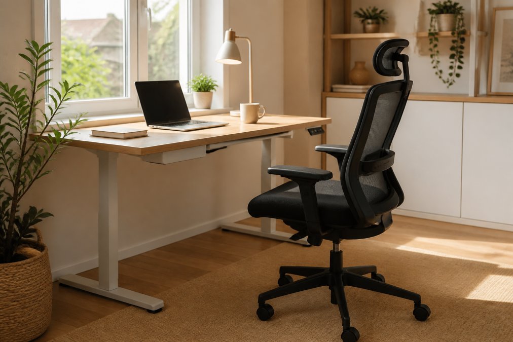 Bright office corner with ergonomic furniture for elegant and tidy office decor.