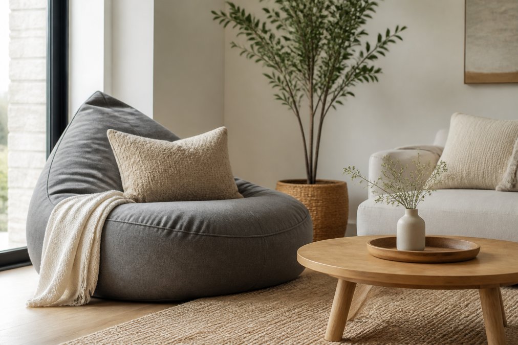 Un salon minimaliste avec un grand pouf gris confortable placé près d'une fenêtre, des coussins texturés en lin naturel, une petite table basse en bois clair, et une plante verte haute en arrière-plan. La lumière naturelle crée une ambiance épurée et chaleureuse