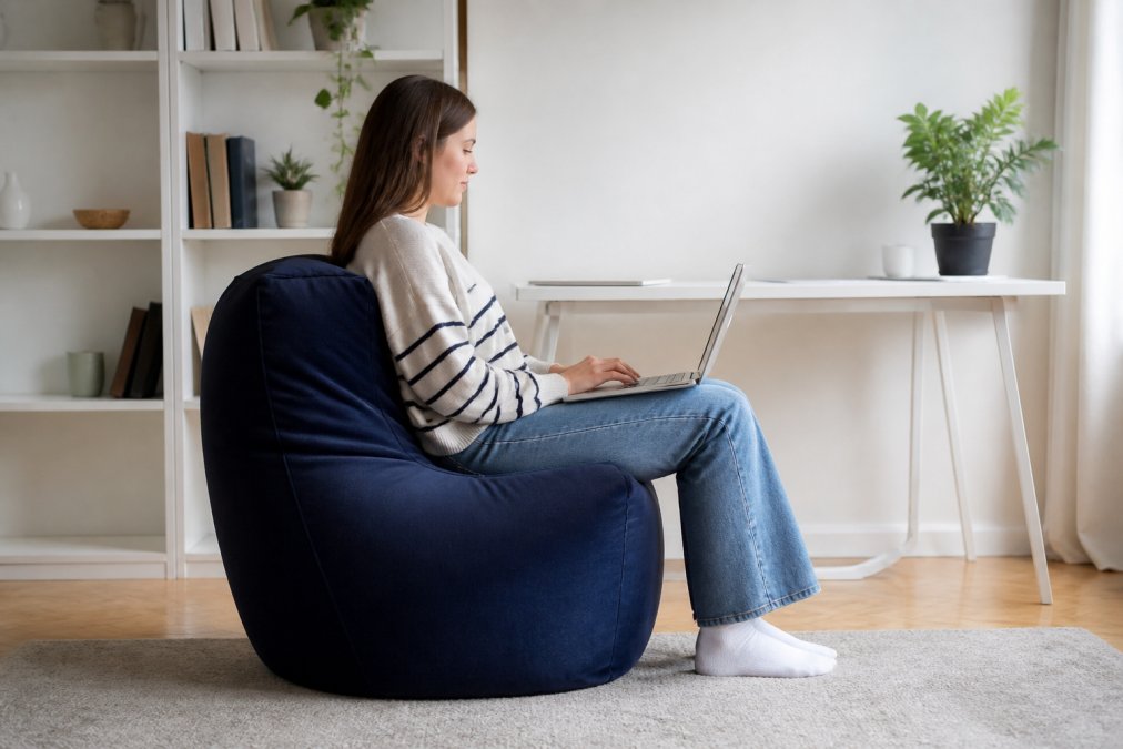 Un espace de télétravail lumineux avec un pouf ergonomique bleu marine servant de siège principal, un bureau minimaliste blanc en arrière-plan, une plante verte sur l'étagère, et une personne assise confortablement sur le pouf travaillant sur un ordinateur portable