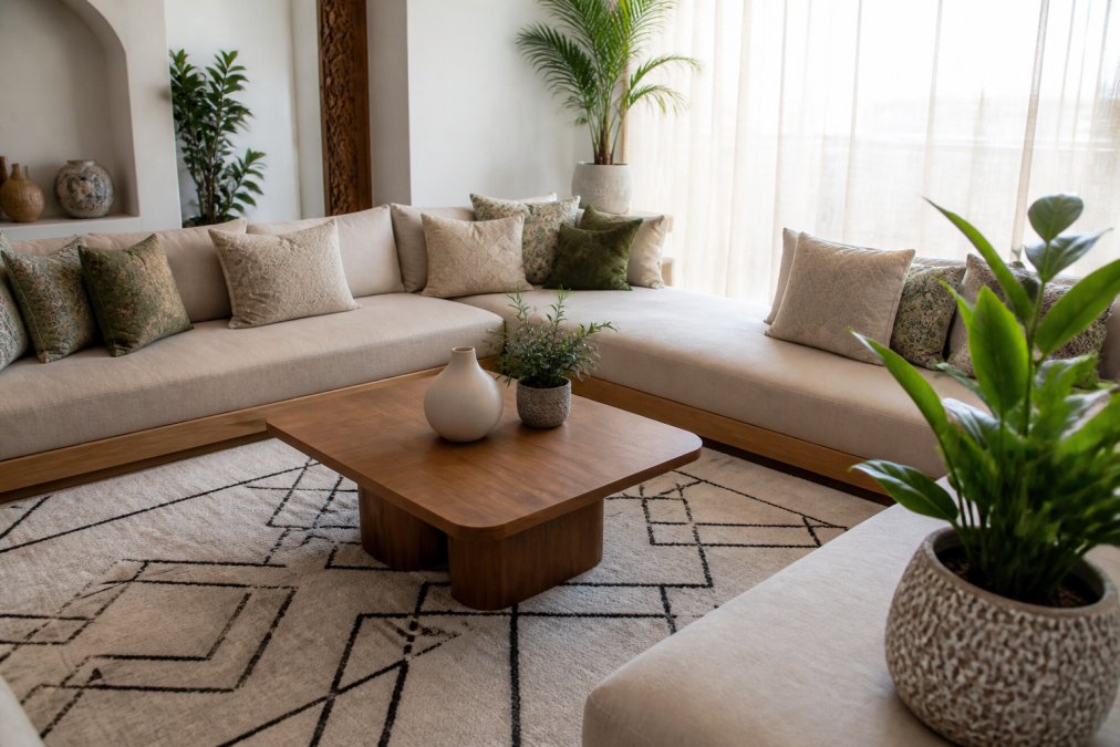 Salon algérien moderne et épuré avec un canapé confortable, des coussins texturés, un tapis à motif géométrique et des plantes vertes dans des pots en céramique, lumière naturelle traversant des rideaux légers