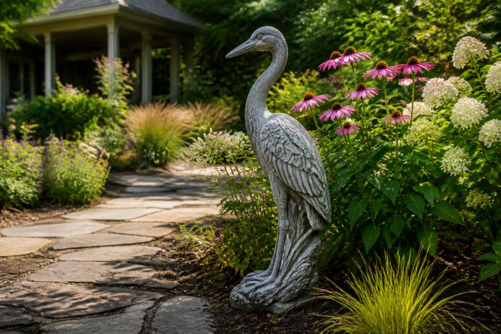 A handcrafted stone garden statue of a heron standing beside blooming flowers in a sunlit backyard, with a stone pathway and lush greenery in the background