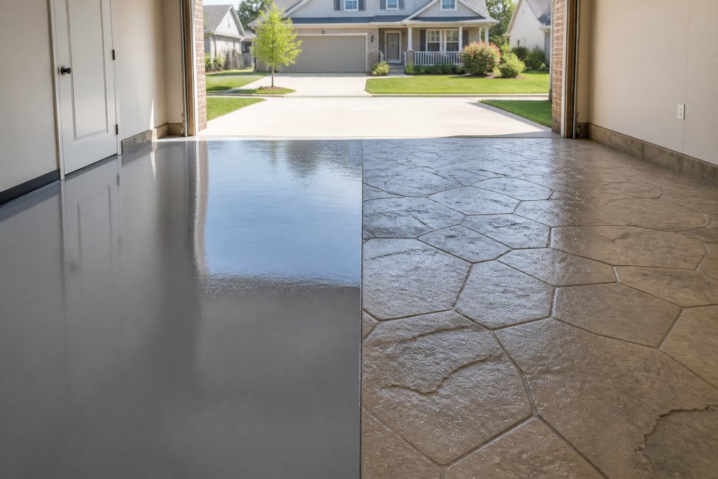 Split-view photograph of a residential garage floor, one half showing a glossy gray epoxy coating and the other half showing a stamped decorative concrete overlay with a stone-like pattern, natural daylight from an open garage door